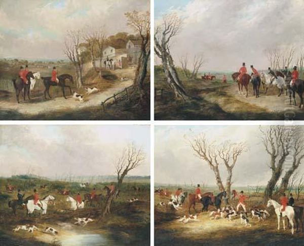 A Set Of Four Hunting Scenes: 
Leaving The Kennels; Going To Covert;drawing The Covert; And The Death Oil Painting by John Frederick Herring Snr