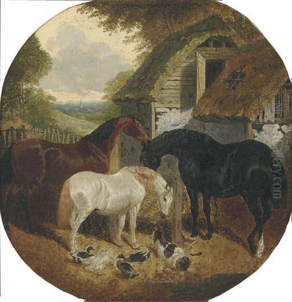 Horses, Ducks And A Goat, In A Farmyard Oil Painting by John Frederick Herring Snr