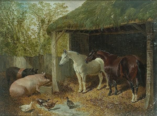 Horses, Ducks And Pigs In A Farmyard Oil Painting by John Frederick Herring Snr