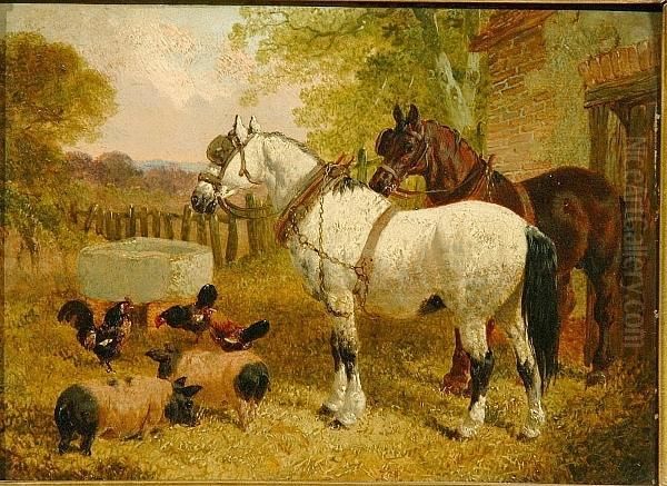 A Farmyard Scene With Horses, 
Chickens And A Goat; A Farmyard Scene With Horses, Pigs And Chickens Oil Painting by John Frederick Herring Snr