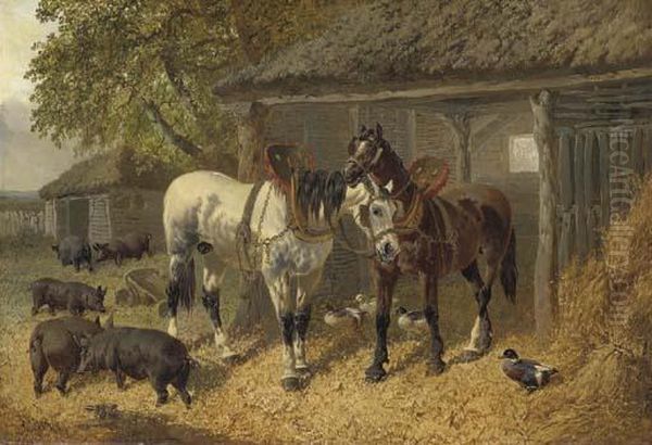 Horses, Pigs And Ducks In A Farmyard Oil Painting by John Frederick Herring Snr