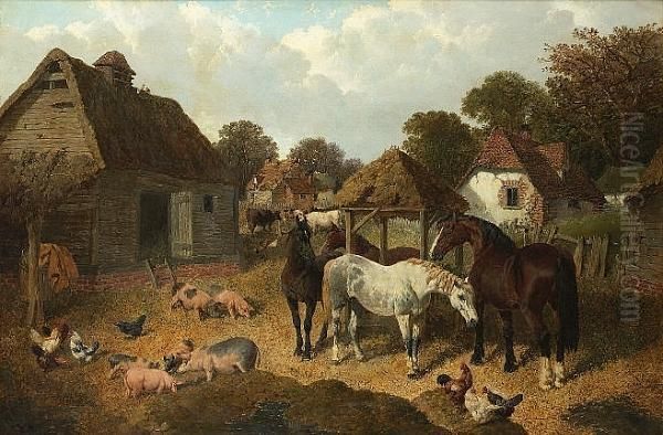 A Farmyard Scene With Horses, Pigs, Cattle And Poultry Oil Painting by John Frederick Herring Snr