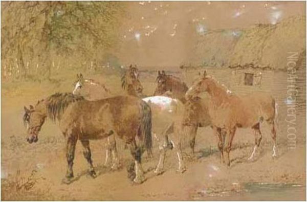 Horses Grazing Oil Painting by John Frederick Herring Snr