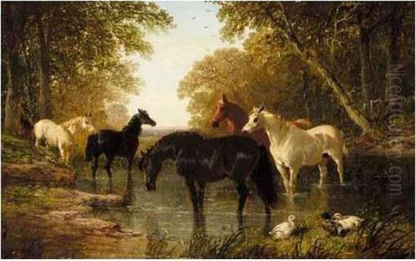 Horses Watering Oil Painting by John Frederick Herring Snr