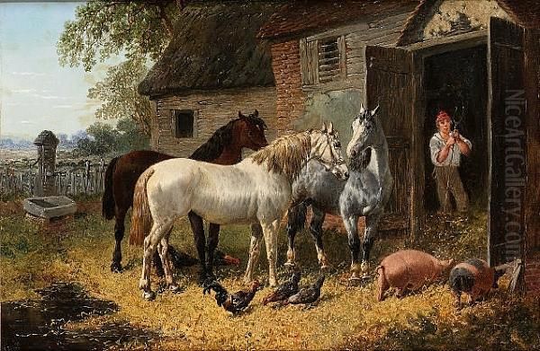 Three Horses Outside A Stable Oil Painting by John Frederick Herring Snr