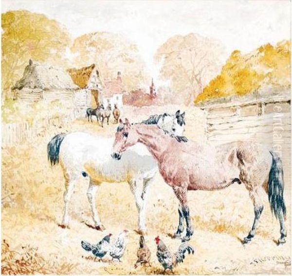 Horses And Chickens In A Farmyard Oil Painting by John Frederick Herring Snr