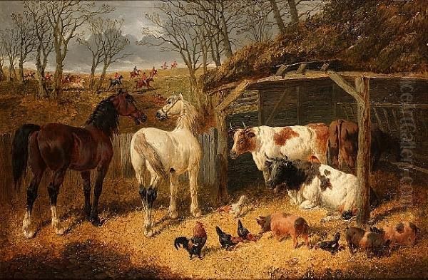 A Farmyard Scene With A Hunt Passing In The Distance Oil Painting by John Frederick Herring Snr