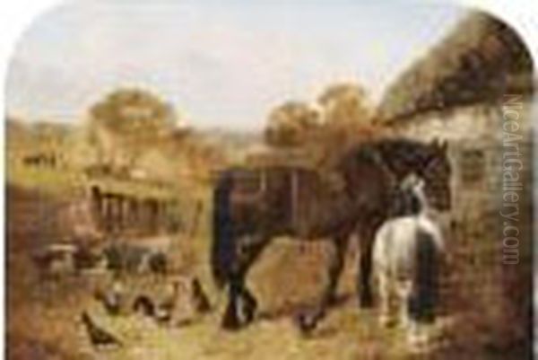 Horses, Pigs And Chickens In A Farmyard Oil Painting by John Frederick Herring Snr