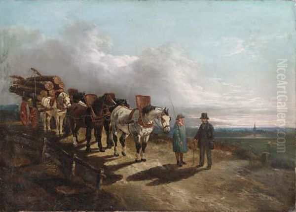 A Horse Drawn Timber Wagon Oil Painting by John Frederick Herring Snr