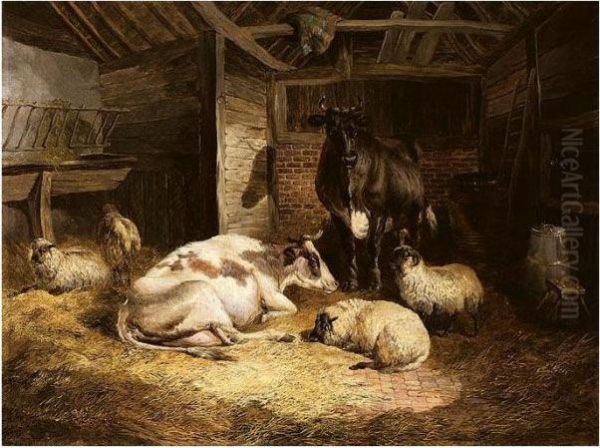 Cattle And Sheep In A Stable Oil Painting by John Frederick Herring Snr