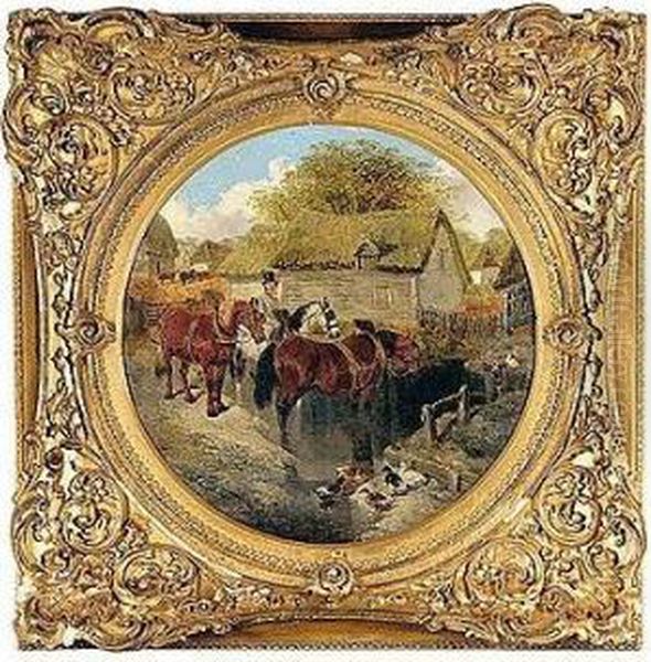 Farmyard Scene With Horses Watering Oil Painting by John Frederick Herring Snr