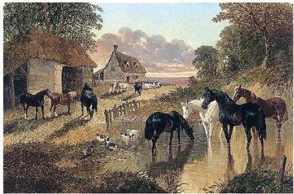 The Evening Hour- Horses And Cattle By A Stream At Sunset Oil Painting by John Frederick Herring Snr