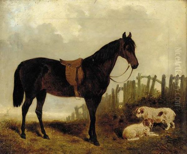 A Saddled Dark Brown Hunter With Two Dogs In A Landscape Oil Painting by John Frederick Herring Snr