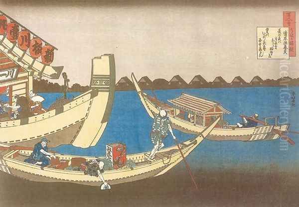 Pleasure Boats on Sumida River (Kiyowara no Fukayahu) Oil Painting by Katsushika Hokusai