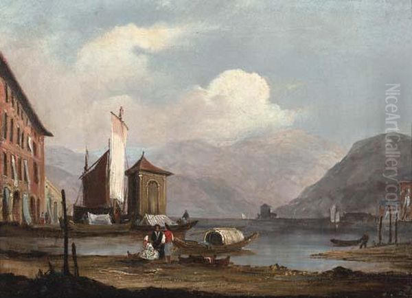 Figures On The Bank Of An Italianate Lake Oil Painting by James Holland