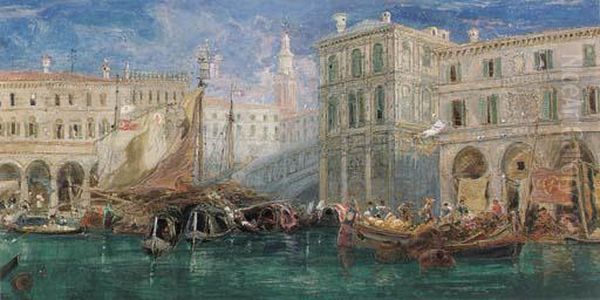 The Orange Market, With The Rialto Bridge Beyond, Venice Oil Painting by James Holland