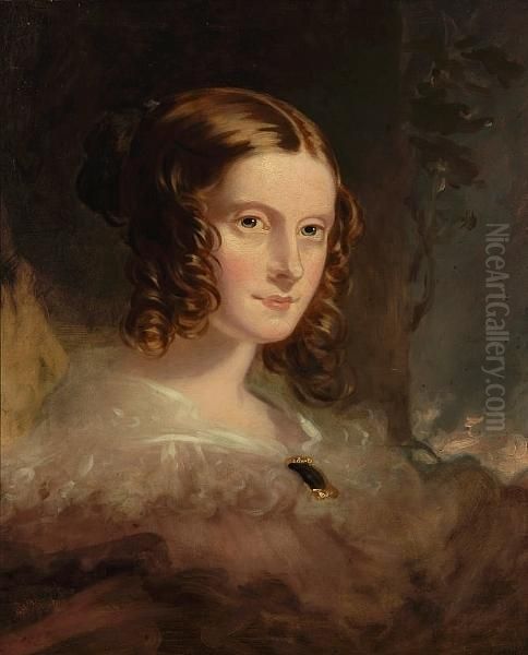 Portrait Of A Lady, Bust Length, Her Hair Dressed In A Pink Bandeau Oil Painting by John Hoppner