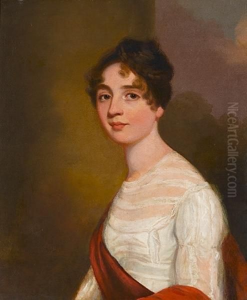 Portrait Of A Lady, Bust-length, In White With A Red Wrap Oil Painting by John Hoppner