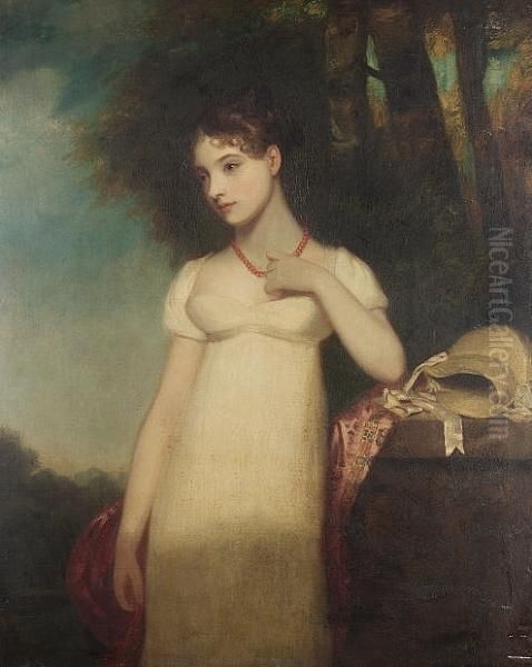 Portrait Of A Young Woman, 
Standing Three-quarter-length, In A White Muslin Dress And A Coral 
Necklace, Her Bonnet And Shawl On A Stone Plinth Beside Her Oil Painting by John Hoppner