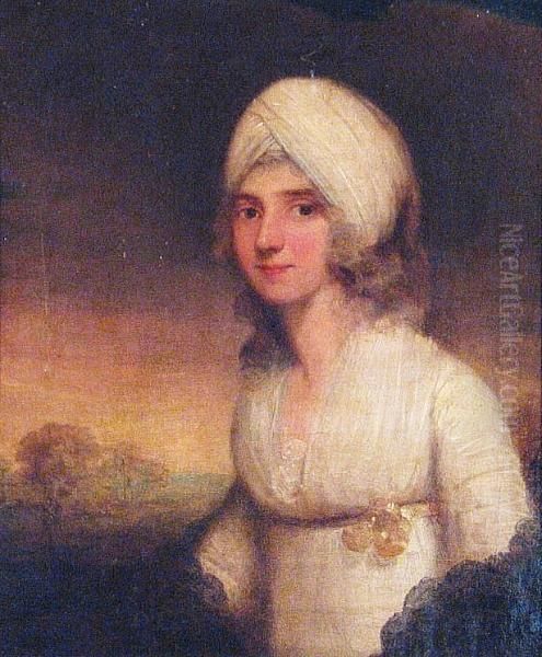 A Portrait Of A Lady In White (thought To Be Lady Calder) Oil Painting by John Hoppner