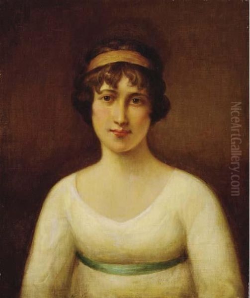 Portrait Of A Lady, Bust Length, In A White Dress Oil Painting by John Hoppner