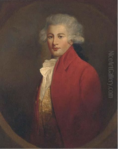 Portrait Of A Young Gentleman, Half-length, In A Red Jacket Andwhite Cravat Oil Painting by John Hoppner