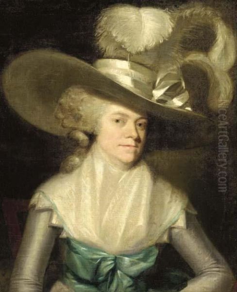 Portrait Of A Lady In A Plumed Hat, Said To Be Mrs. Inchbold Oil Painting by John Hoppner