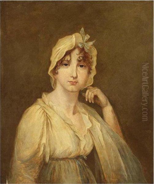 R.a., A Portrait Of A Lady, Half
 Length, Wearing A White Dress With A White Cap And Blue Ribbons Oil Painting by John Hoppner