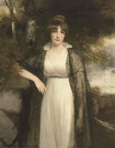 Portrait Of Eleanor Agnes, Wife 
Of Robert, 4th Earl Ofbuckinghamshire, Three-quarter-length, In A White 
Dress And A Blackshawl, In A Wooded Landscape Oil Painting by John Hoppner