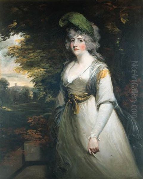 Portrait Of Lady Boothby, 
Three-quarter Length, In A Grey Dress Andwith A Plume In Her Hair, A 
Landscape Beyond Oil Painting by John Hoppner