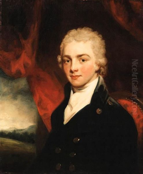 Portrait Of A Gentleman, Bust Length, Seated Before A Red Curtain,a Landscape Beyond Oil Painting by John Hoppner