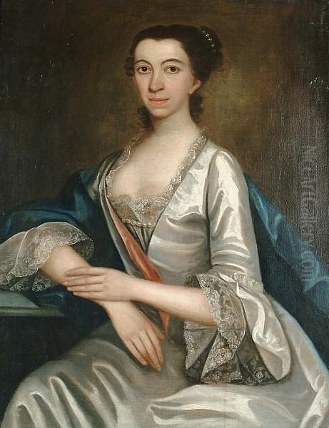 Portrait, Half Length, Of Lady Wearing A Lace Trimmed Satin Gown Oil Painting by Thomas Hudson