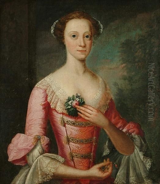 Portrait, Half Length, Of A 
Young Lady Lady Wearing A Dusty Pink Satin Dress Decorated With Pearls, 
Gold Braid And Lace Oil Painting by Thomas Hudson