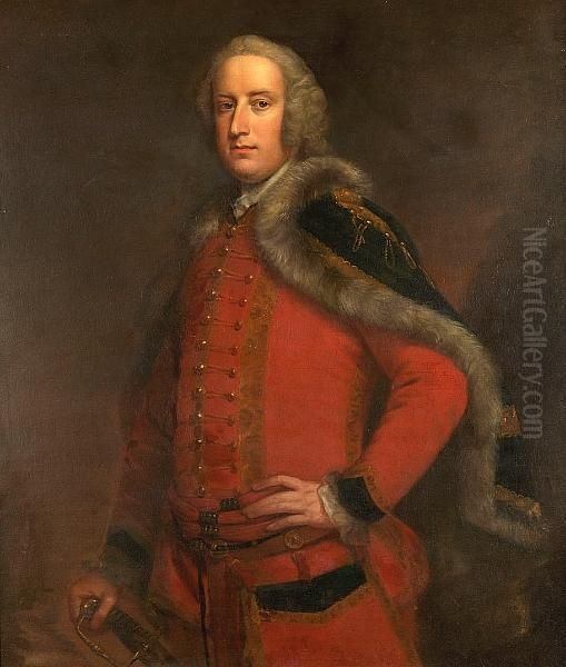 Portrait Of An Officer, Standing
 Three-quarter-length, In A Scarlet Frock Coat With A Blue, Fur-lined 
Cloak, His Hand Resting On A Sword Oil Painting by Thomas Hudson