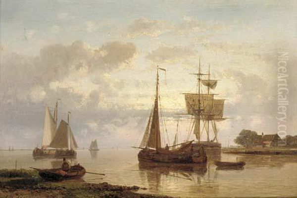 Dutch Barges In A Harbour Oil Painting by Abraham Hulk Jun.