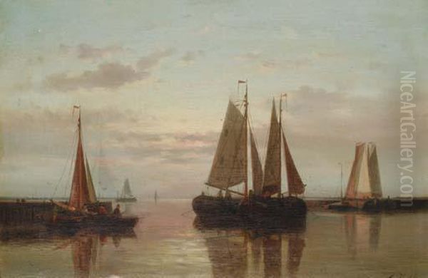 Fishing Boats Drying Their Sails At Dusk Oil Painting by Abraham Hulk Jun.