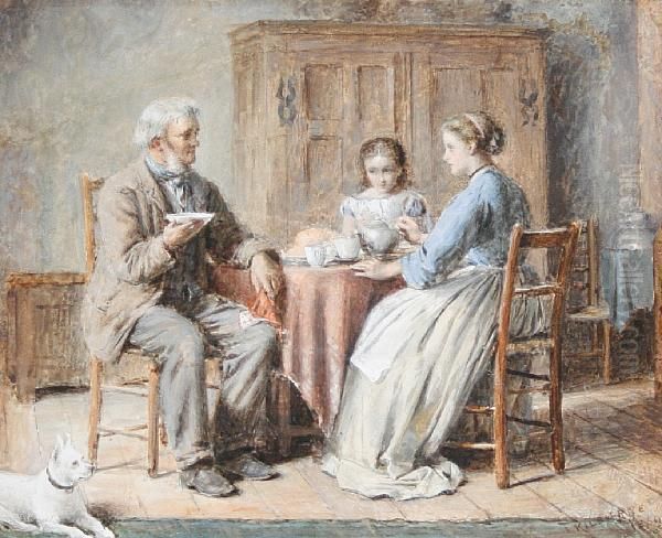 Tea Time - A Family Around A Kitchentable Oil Painting by George Goodwin Kilburne