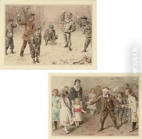 The Snowball Fight; And Blind Man's Buff Oil Painting by George Goodwin Kilburne