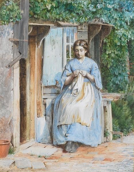 A Young Girl Sewing Oil Painting by George Goodwin Kilburne