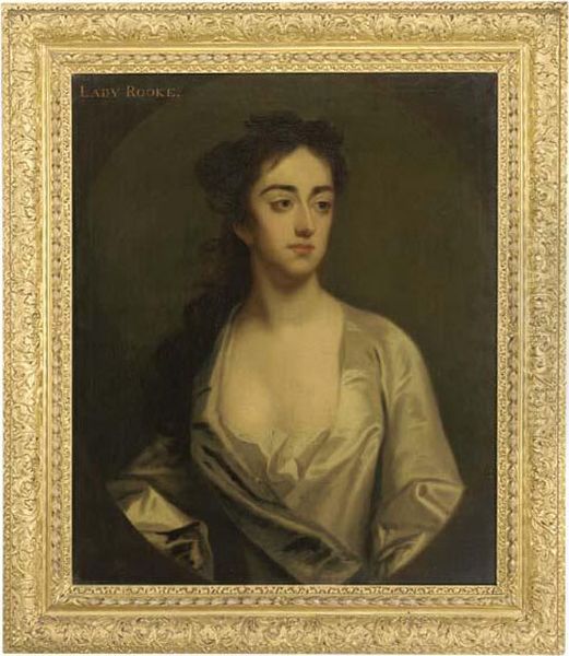 Portrait Of Lady Rooke, Bust-length, In A White Dress, In A Paintedoval Oil Painting by Sir Godfrey Kneller