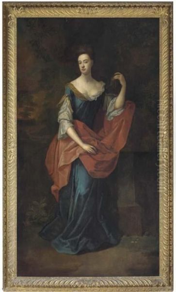 Portrait Of A Lady, Full-length,
 In A Blue Dress And Red Wrap, Resting Her Left Arm On A Plinth, In 
Landscape Oil Painting by Sir Godfrey Kneller