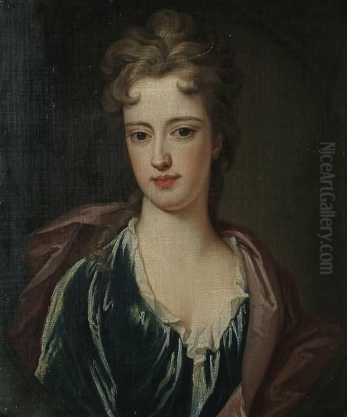 Portrait Bust Length Of A Lady, Wearing A Blue Dress With A Red Shawl Oil Painting by Sir Godfrey Kneller