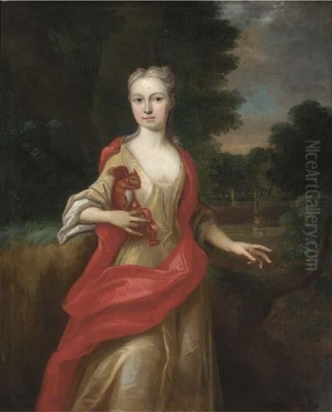 Portrait Of A Lady, 
Three-quarter-length, In A Yellow Dress Andscarlet Wrap, Holding A 
Squirrel In Her Right Hand, In An Extensivelandscape Oil Painting by Sir Godfrey Kneller