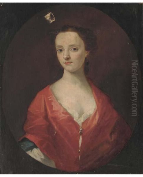 Portrait Of A Young Lady, Bust-length In A Red Dress Within Afeigned Oval Oil Painting by Sir Godfrey Kneller