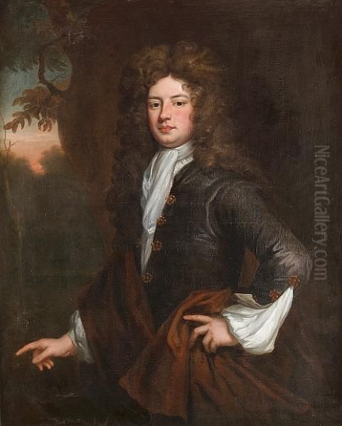 Portrait Of Charles Montagu, 1st
 Earl Of Halifax, Half-length, In A Dark Blue Coat With A Brown Wrap And
 White Jabot by Sir Godfrey Kneller