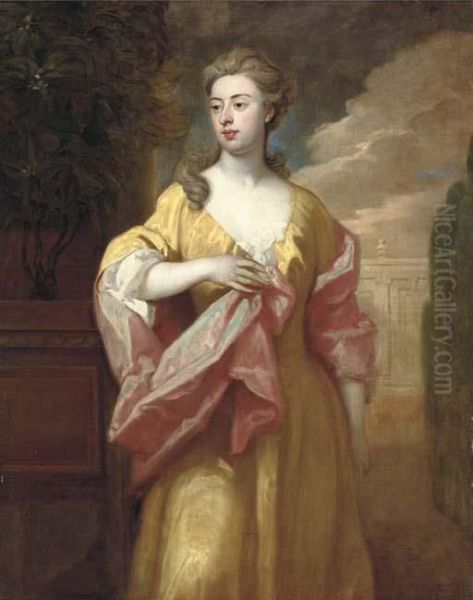 Portrait Of A Lady, 
Three-quarter-length, In A Yellow Dress With Apink Shawl, In A Formal 
Garden By An Orange Tree Oil Painting by Sir Godfrey Kneller