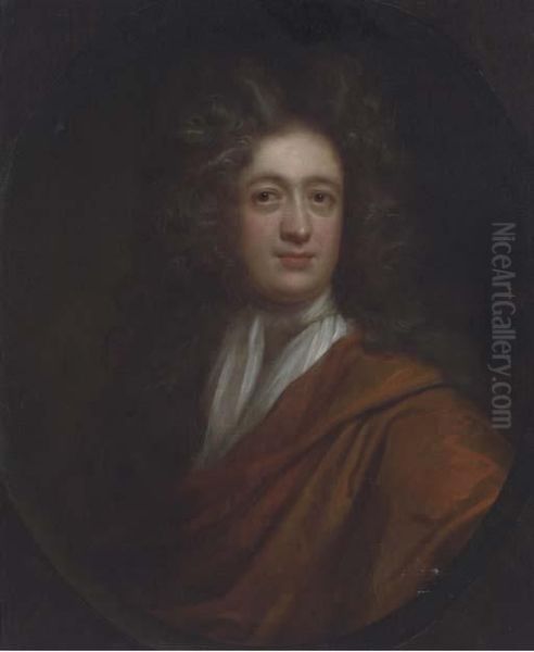 Portrait Of Edmund Rooke, Bust-length, In An Orange Wrap Oil Painting by Sir Godfrey Kneller