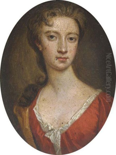 A Young Lady, In Scarlet Dress With White Underslip, Fairhair Oil Painting by Sir Godfrey Kneller