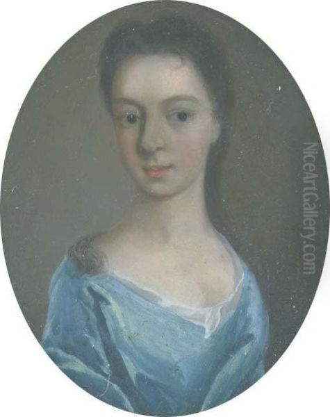 A Young Lady In Low-cut Blue Dress With White Underslip Oil Painting by Sir Godfrey Kneller