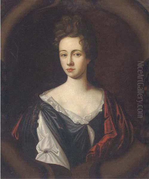 Portrait Of A Lady, Half-length,
 Wearing A White And Black Dresswith A Red Wrap, In A Sculpted Cartouche by Sir Godfrey Kneller